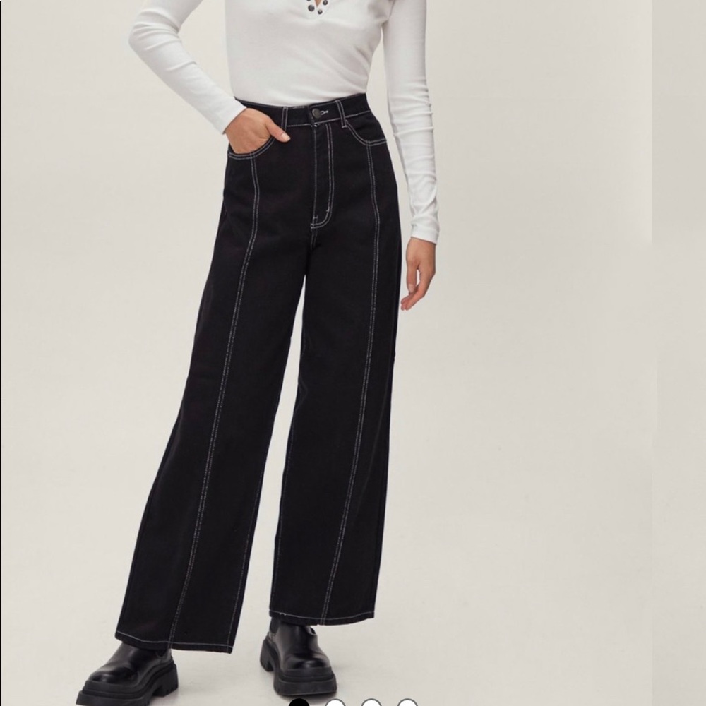 NASTY GAL Organic Denim Stitch Front Wide Leg Jeans - Black and White